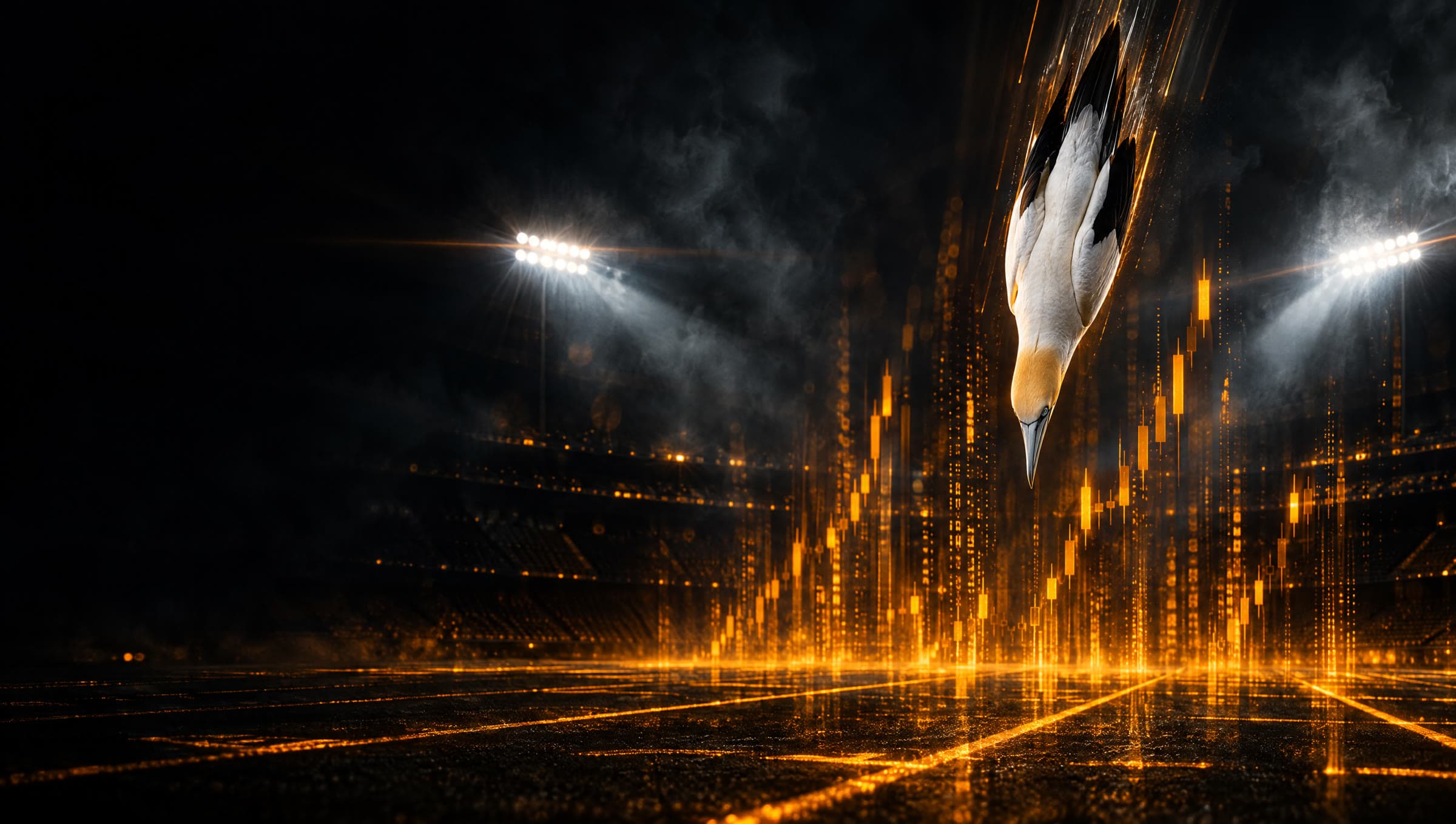 A gannet diving into a night stadium of amber market data